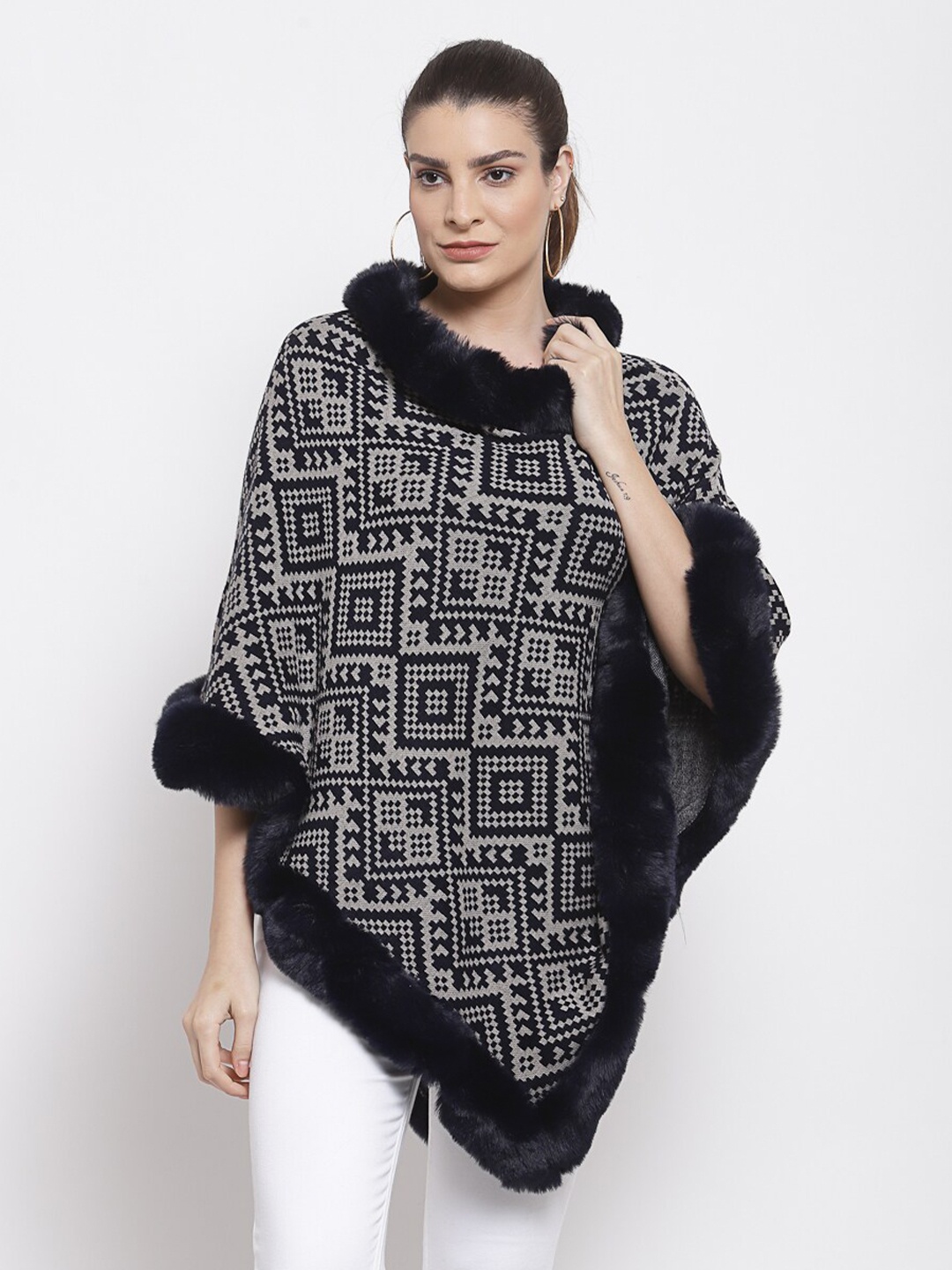 

Mafadeny Women Navy Blue & White Longline Poncho Sweater
