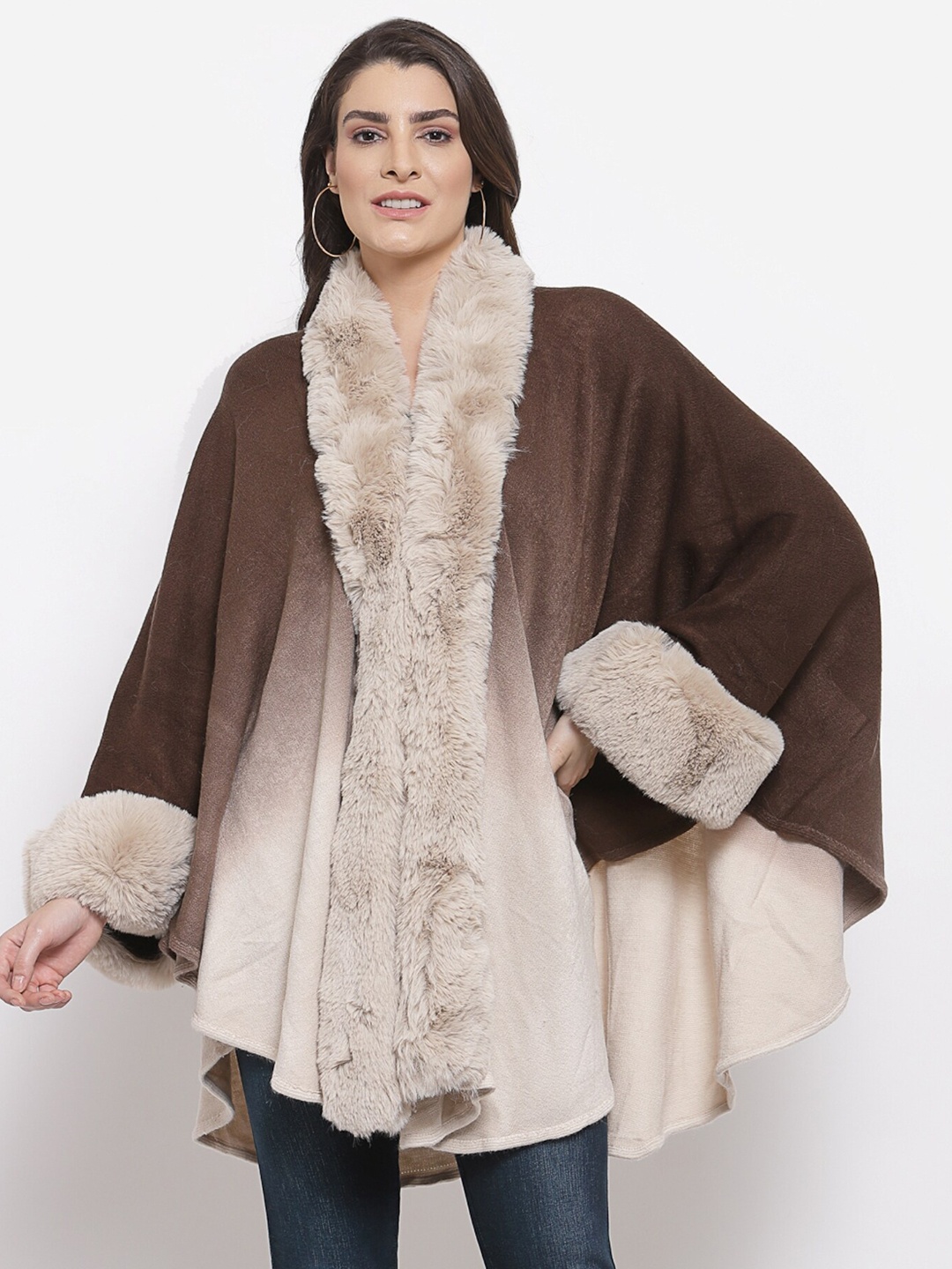 

Mafadeny Women Brown & Cream-Coloured Colourblocked Longline Poncho Sweater