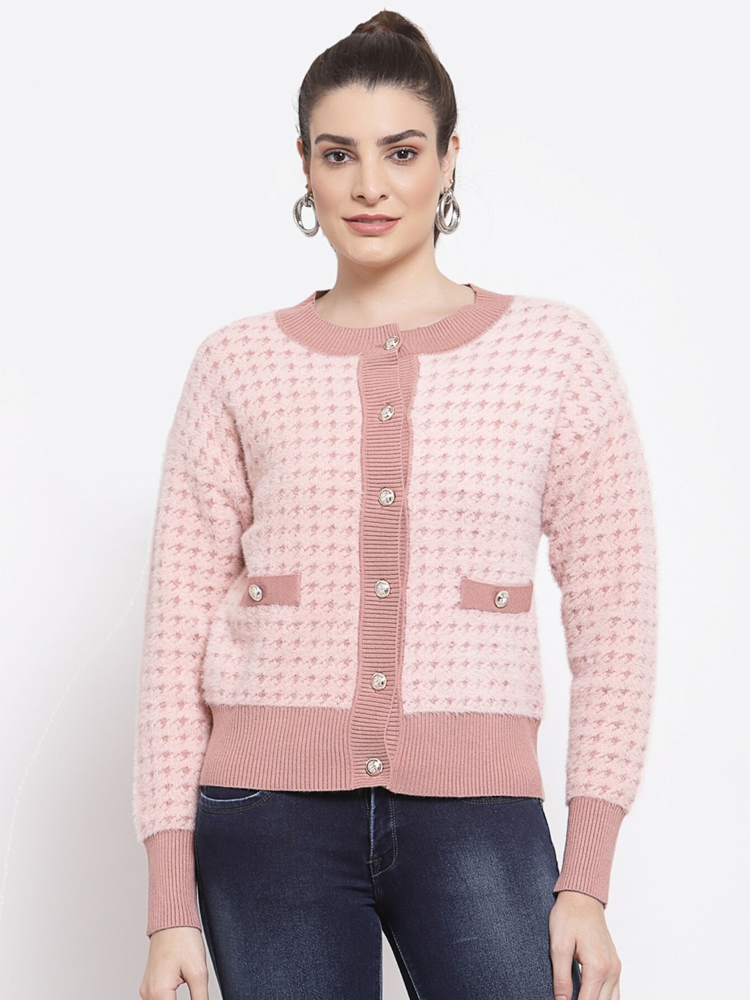 

Mafadeny Women Peach-Coloured Cable Knit Cardigan Sweater