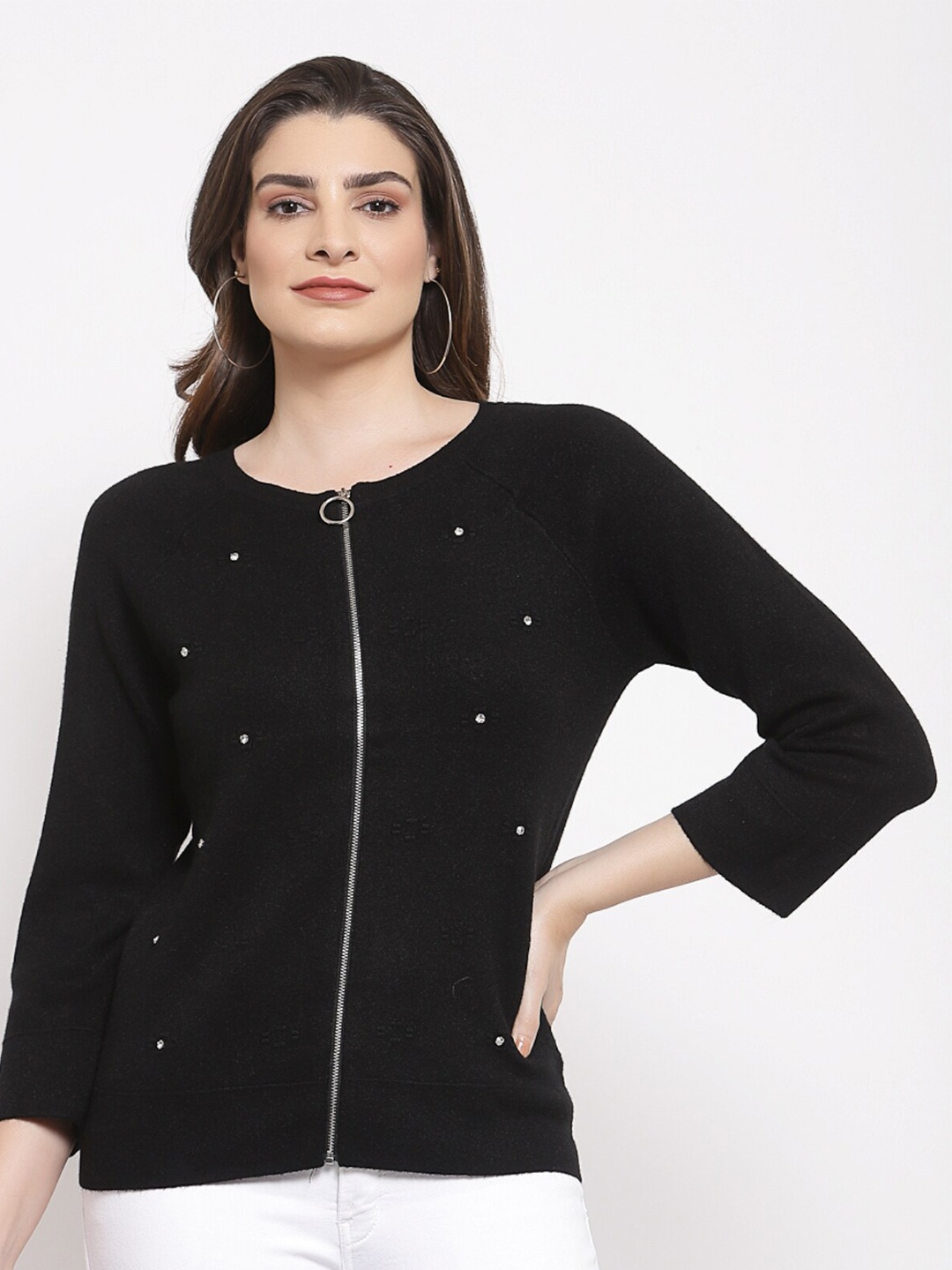 

Mafadeny Women Black Cardigan with Embellished Detail Sweater