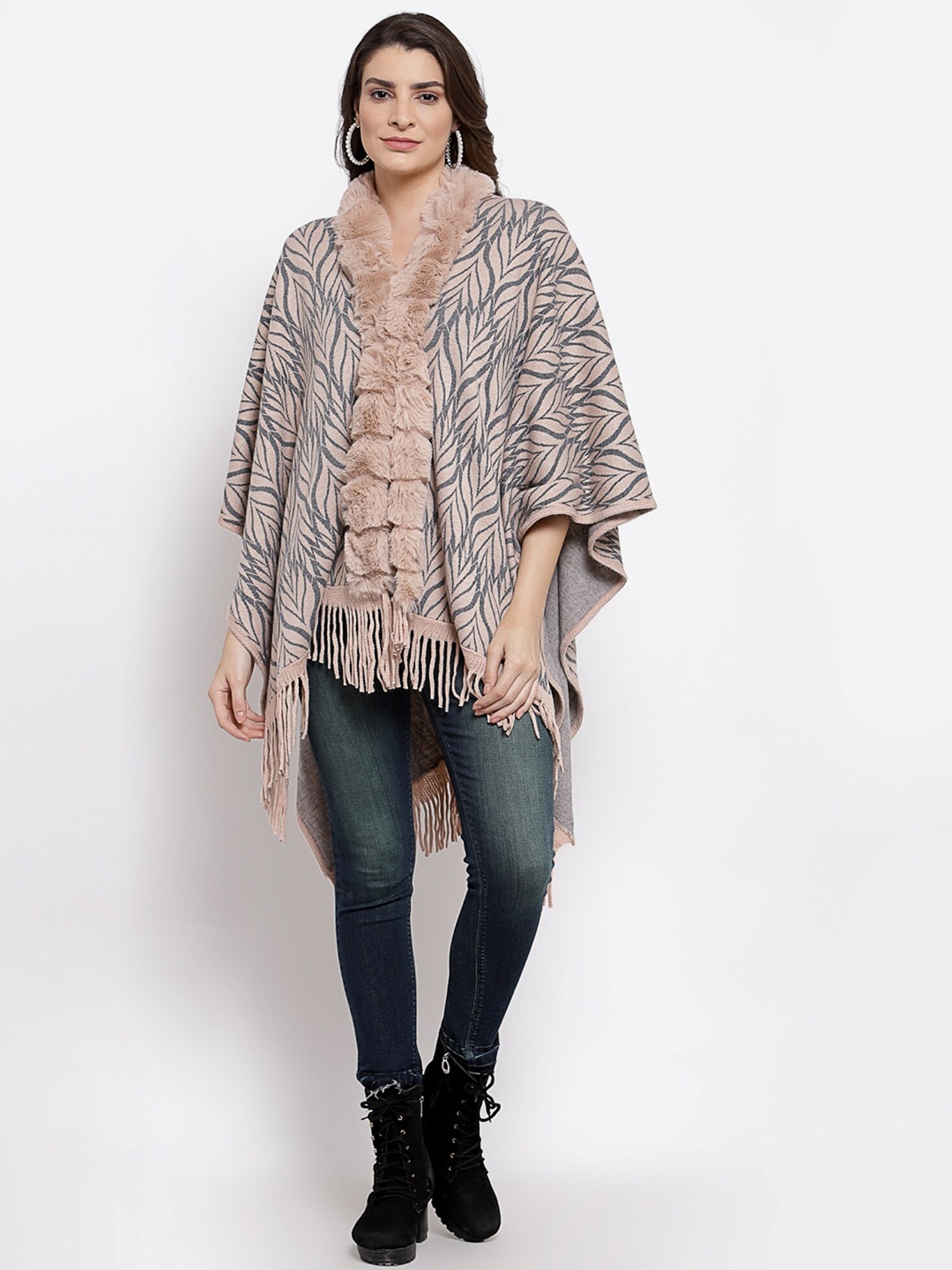 

Mafadeny Women Peach-Coloured & Grey Longline Poncho Sweater