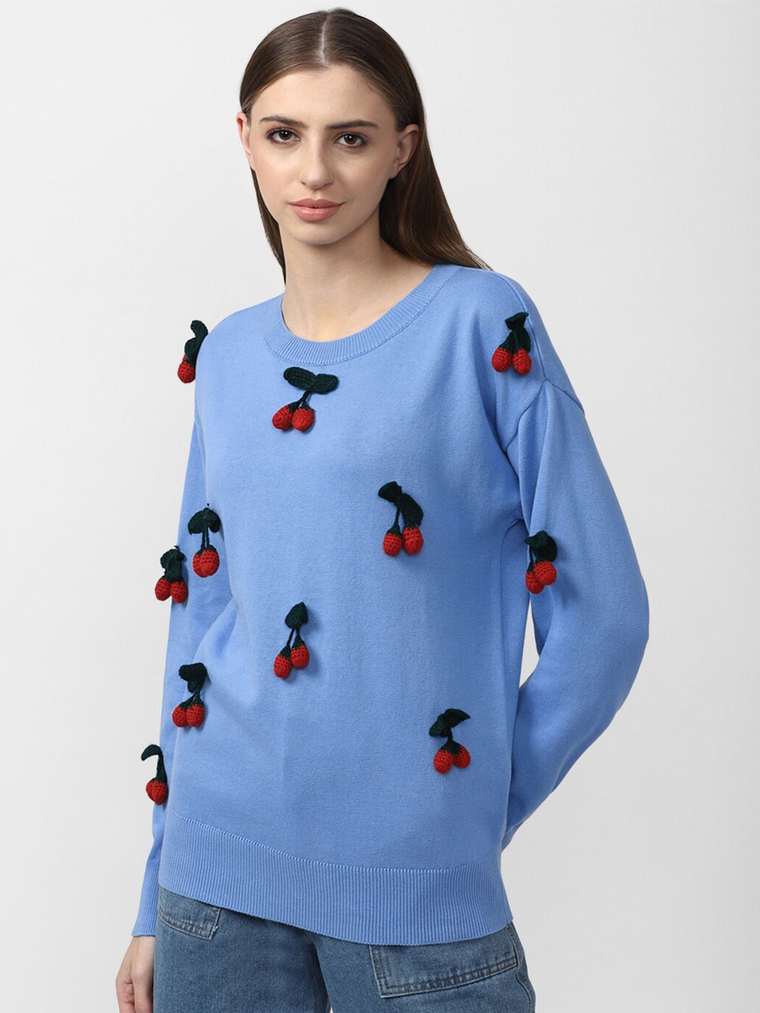 

FOREVER 21 Embroidered Pure Cotton Pullover, Blue