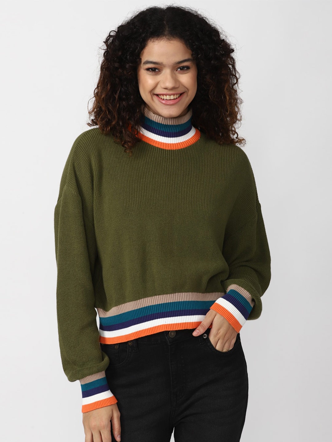

FOREVER 21 Women Striped Cotton Pullover Sweater, Olive