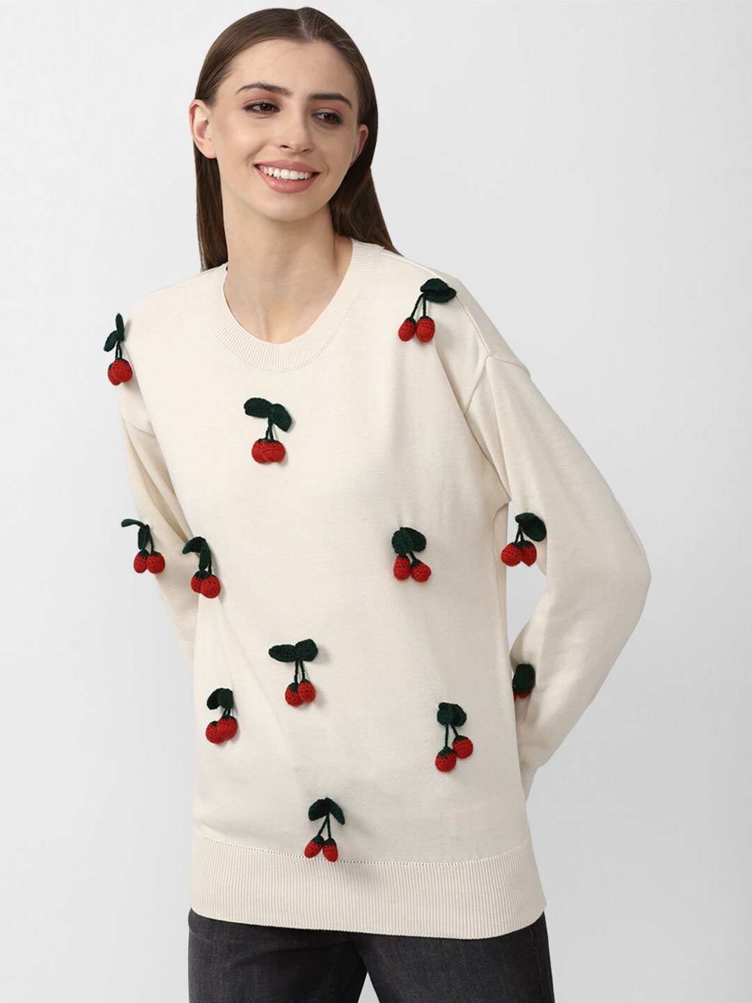 

FOREVER 21 Embroidered Pure Cotton Pullover, Cream