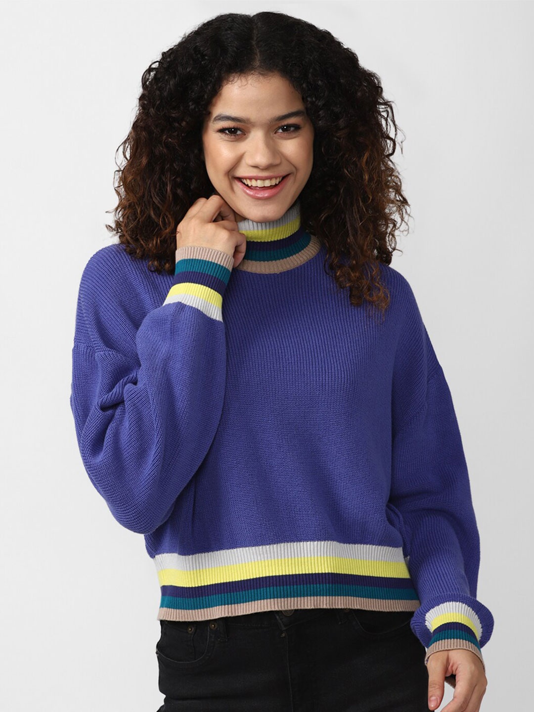 

FOREVER 21 Women Blue & Yellow Striped Pure Cotton Pullover