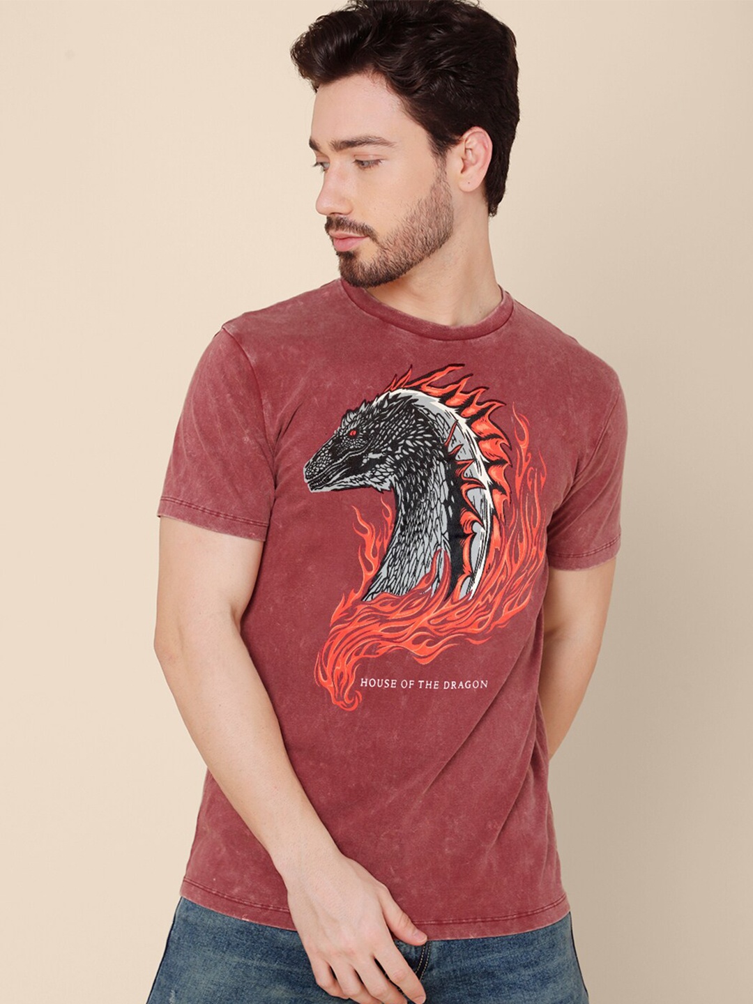 

Free Authority Men House Of Dragon Red Cotton Printed T-shirt