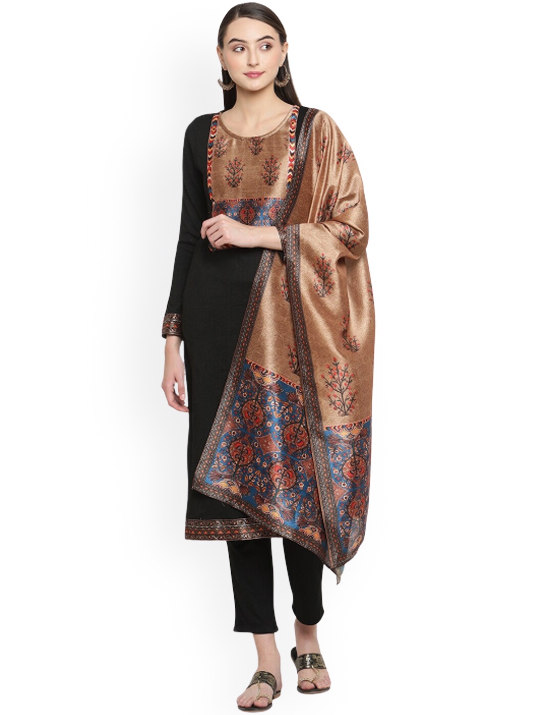 

Be Indi Women Round Neck Ethnic Motifs Straight Side Slits Festive Kurta, Black