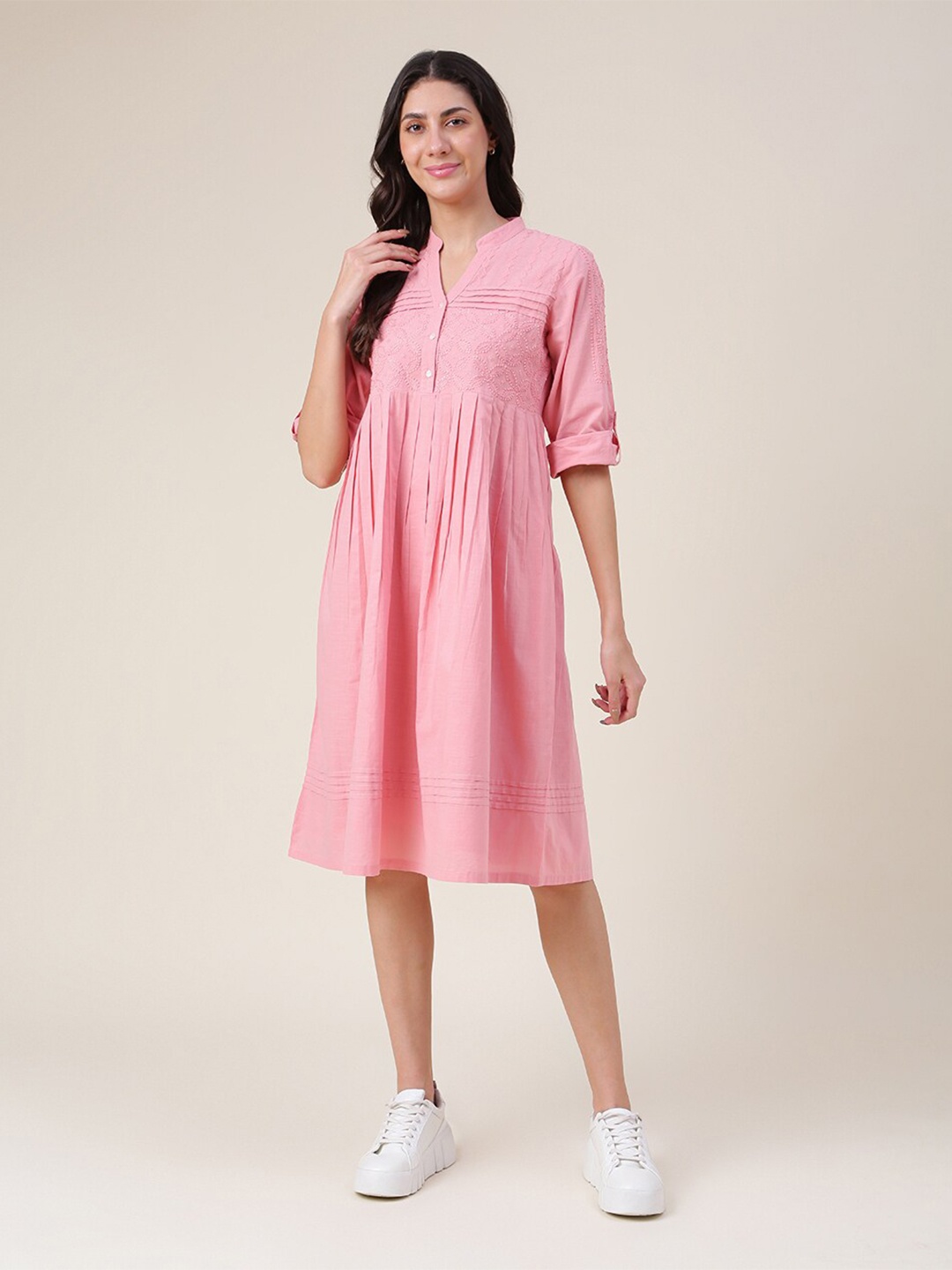 

Fabindia Mandarin Collar A-Line Cotton Dress, Pink