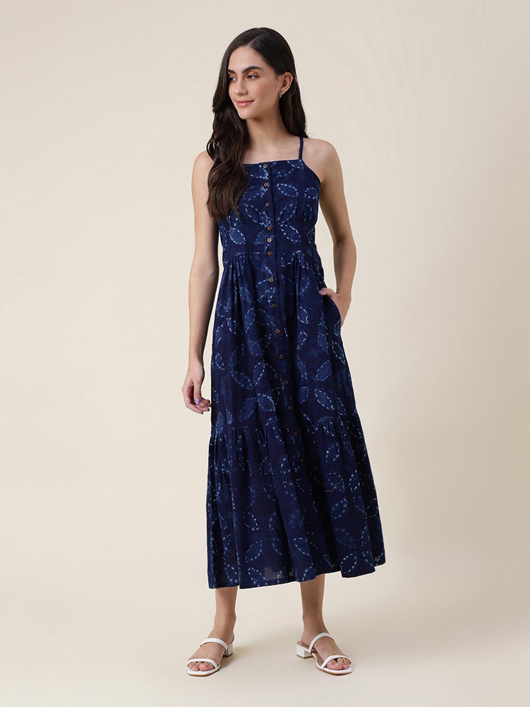 

Fabindia Floral Printed A-Line Midi Cotton Dress, Navy blue