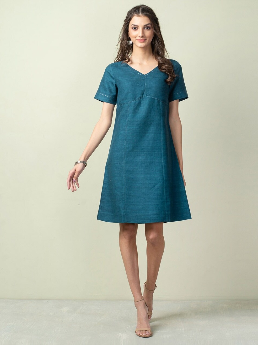 

Fabindia V-Neck A-Line Silk Dress, Teal