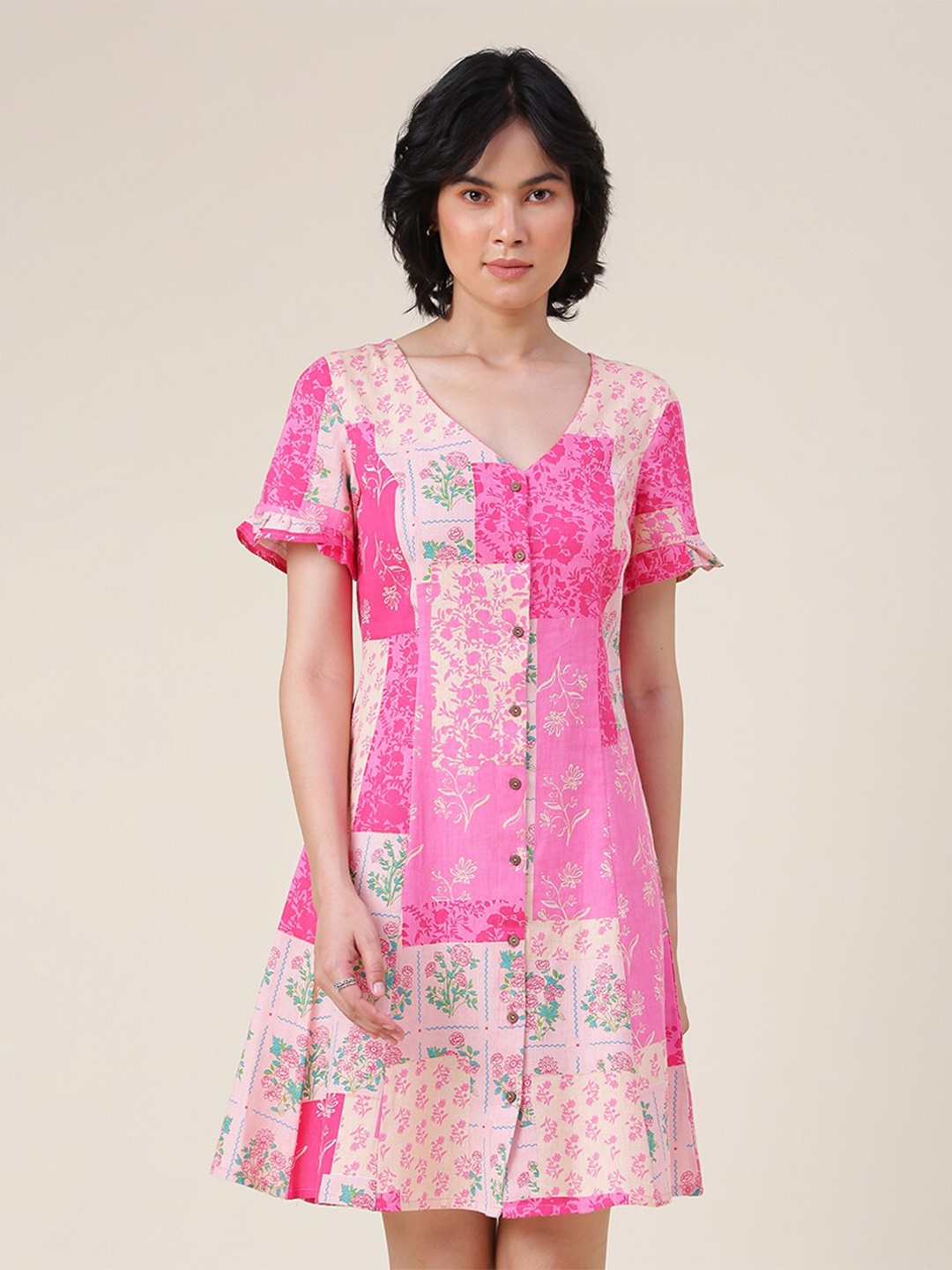 

Fabindia Pink Floral A-Line Dress