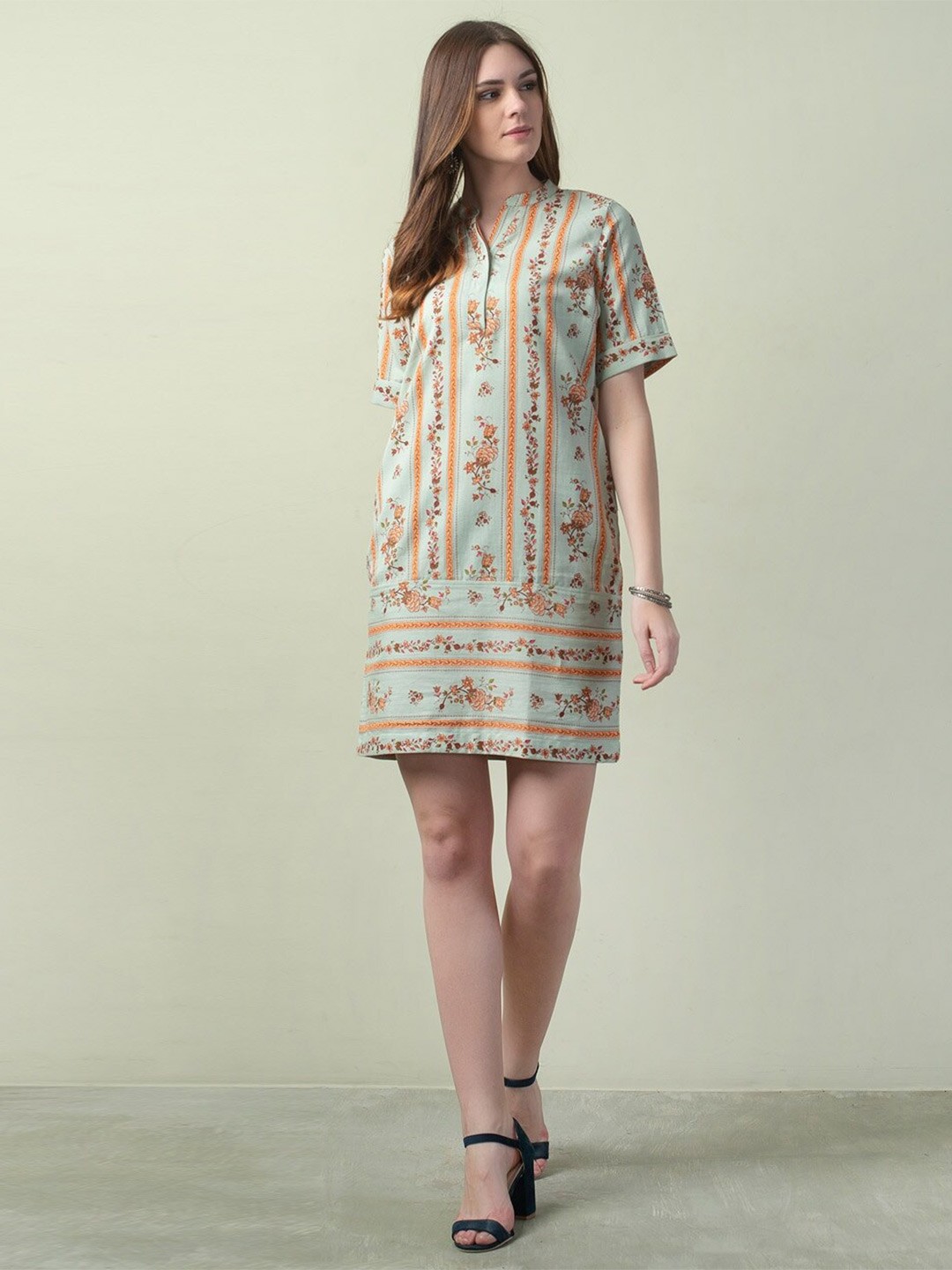 

Fabindia Mandarin Collar A-Line Dress, Green
