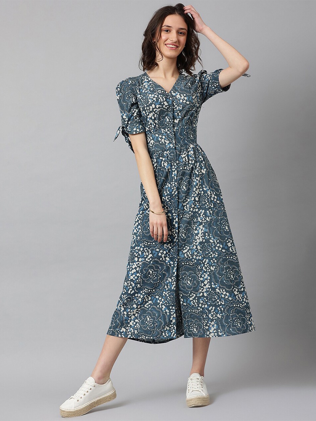 

Fabindia Blue Cotton Ethnic A-Line Midi Dress