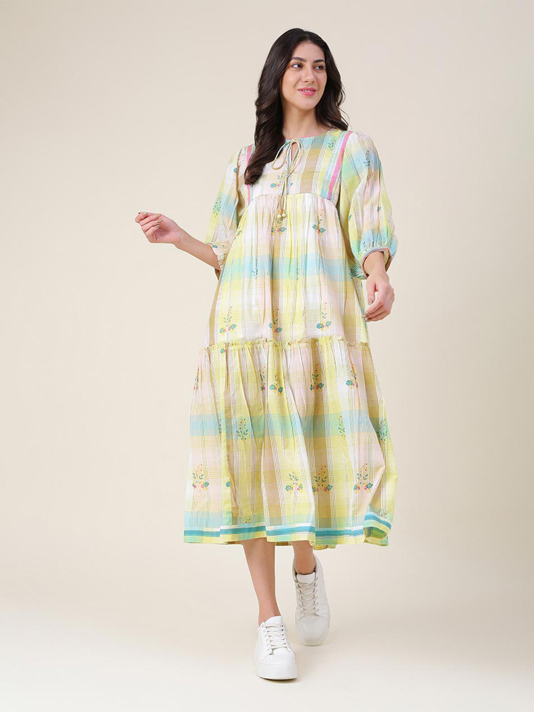 

Fabindia Blue Floral Keyhole Neck A-Line Midi Dress