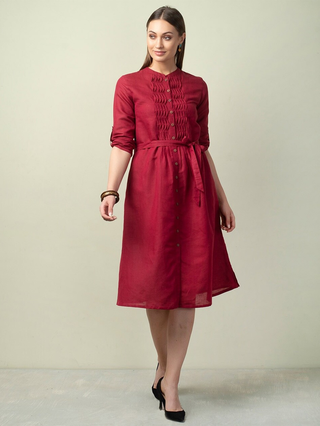 

Fabindia Mandarin Collar A-Line Dress, Maroon