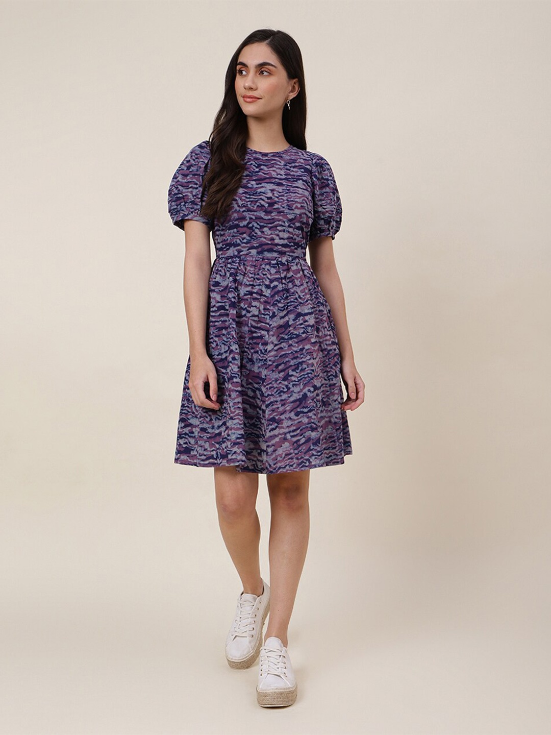 

Fabindia Puff Sleeves Printed Cotton Dress, Purple