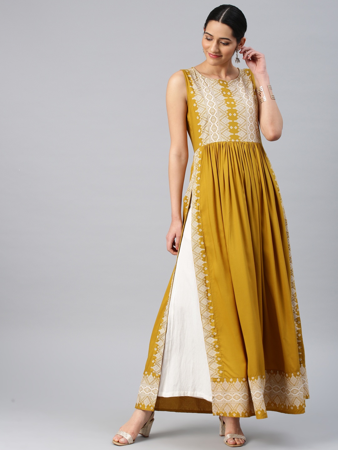 

Vishudh Women Mustard Yellow Printed A-Line Kurta