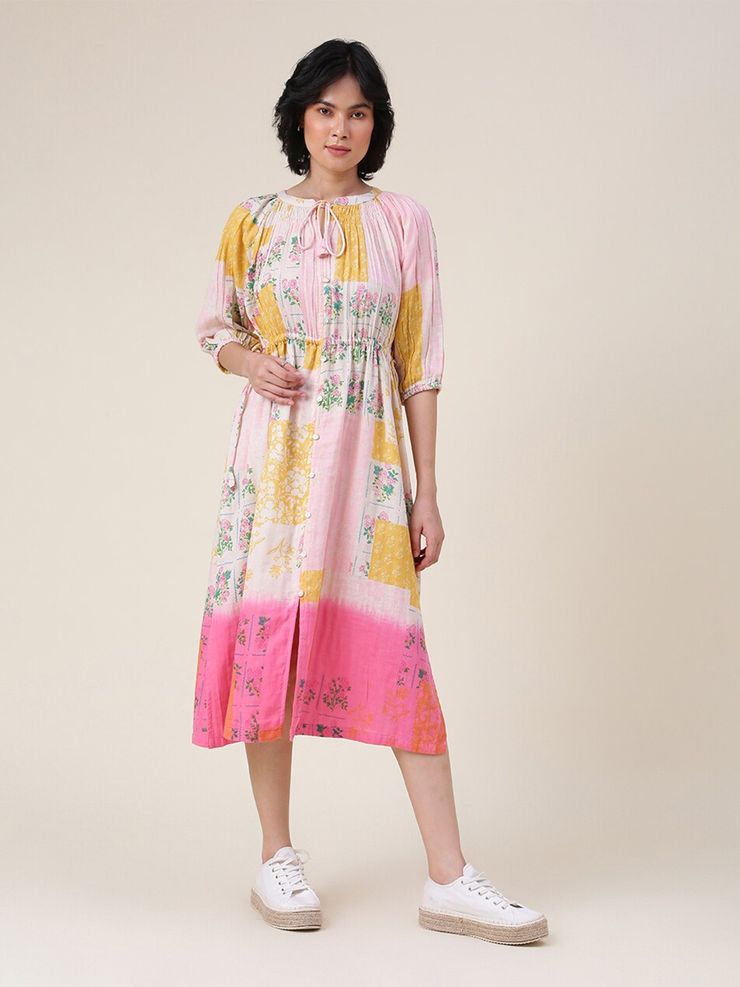 

Fabindia Pink Cotton Floral Keyhole Neck A-Line Midi Dress