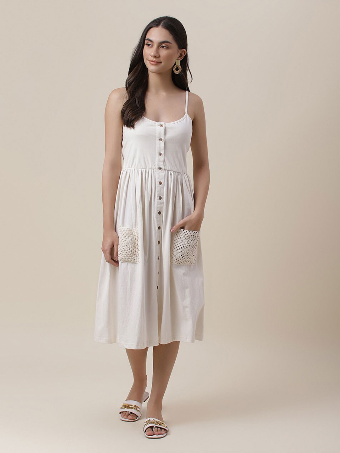 

Fabindia White Cotton Ethnic A-Line Midi Dress