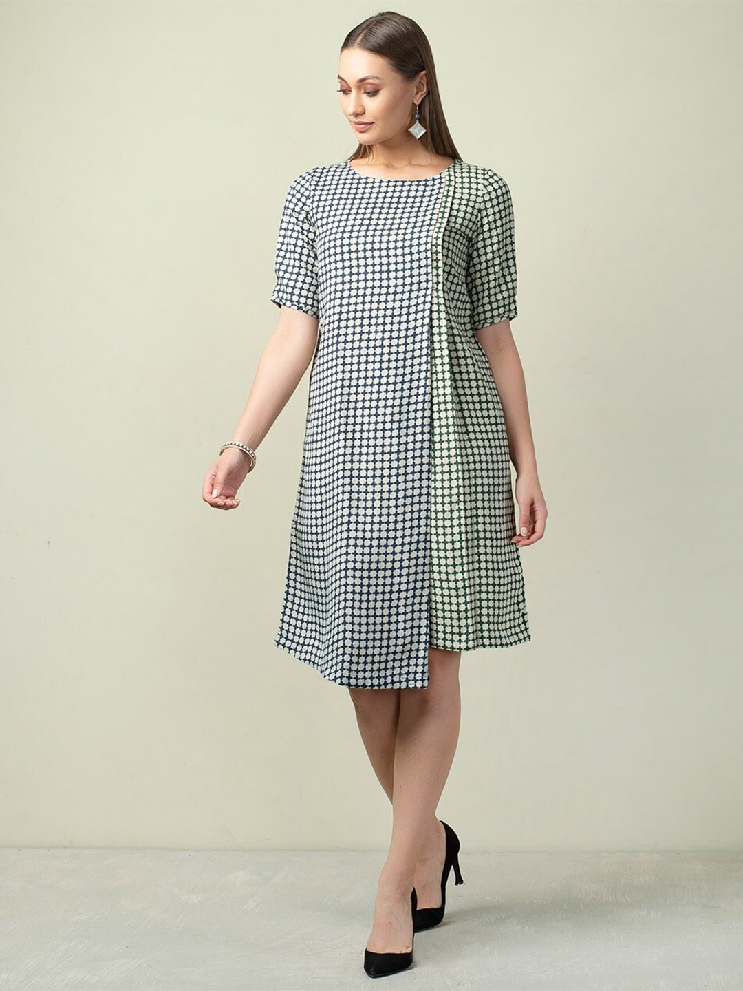 

Fabindia Printed Round Neck A-Line Dress, Blue