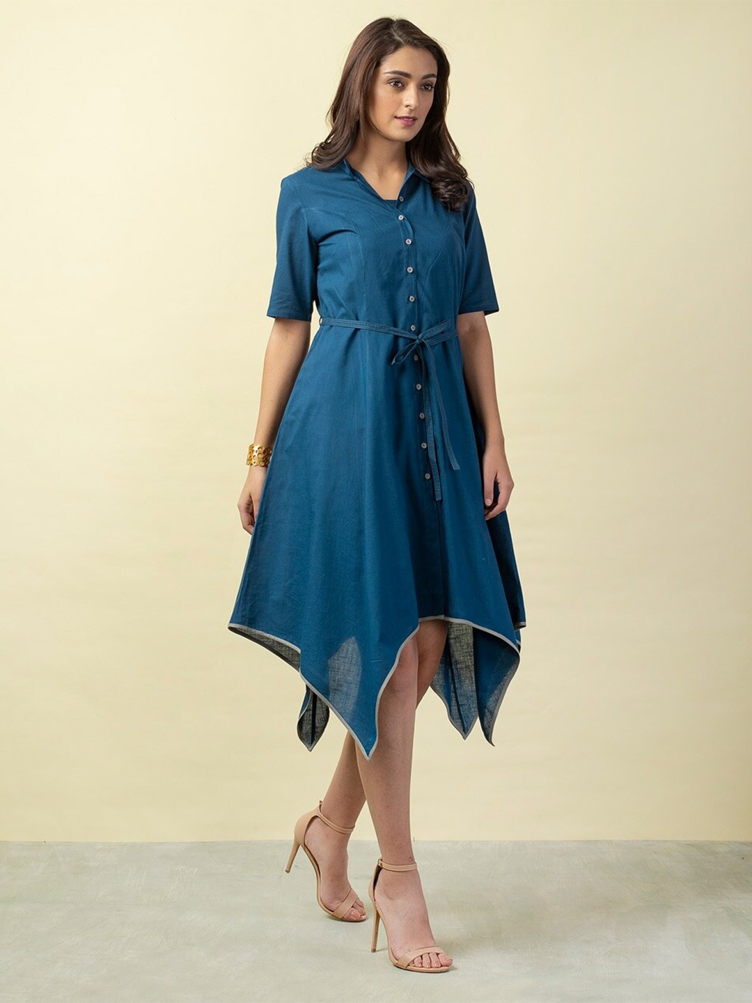 

Fabindia Blue Cotton Ethnic A-Line Midi Dress