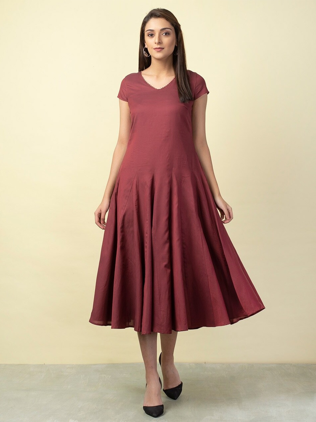 

Fabindia Maroon Cotton Ethnic Midi Dress