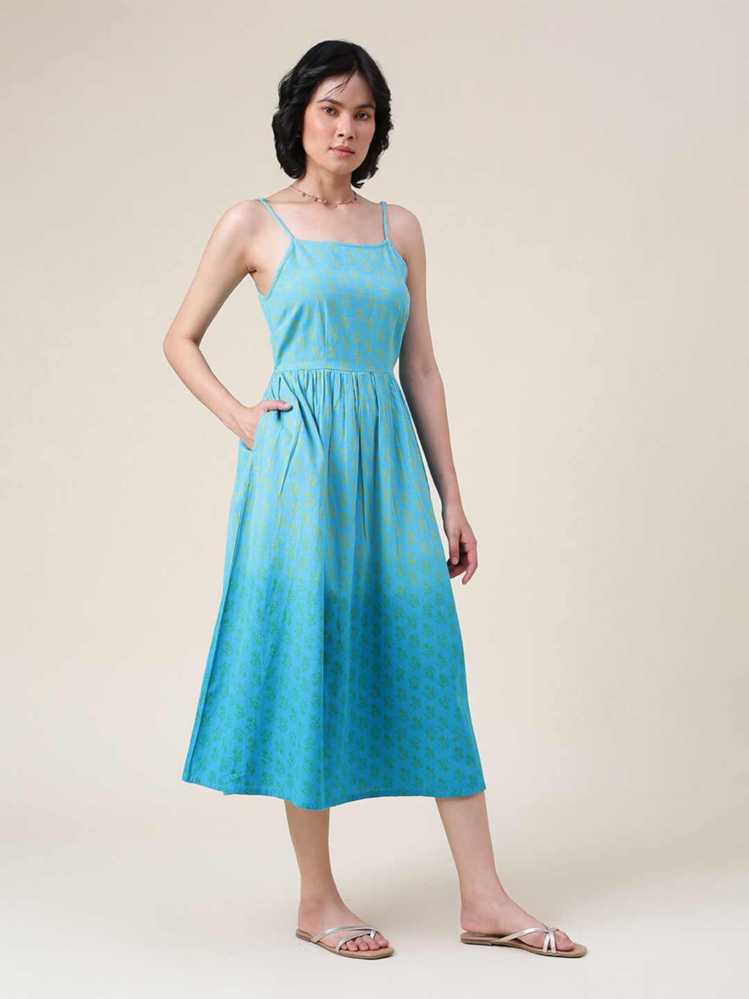 

Fabindia Blue Cotton Floral A-Line Midi Dress