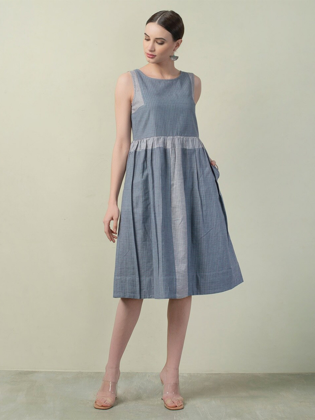 

Fabindia Blue Cotton Checked Ethnic A-Line Dress
