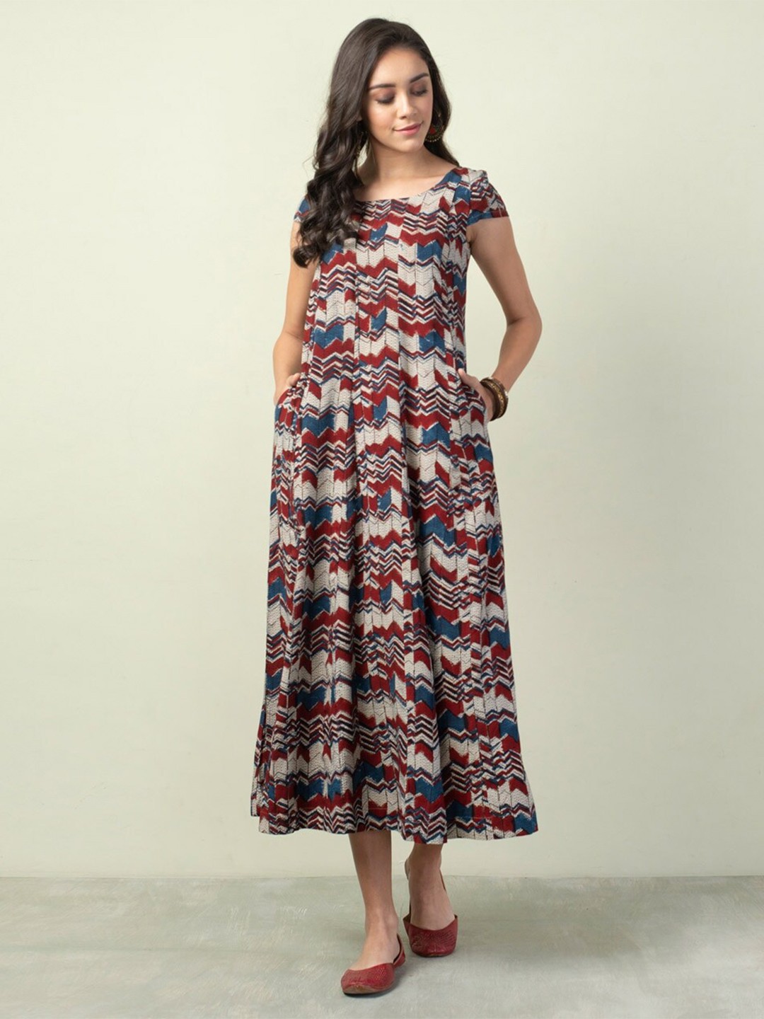 

Fabindia Round Neck Printed Maxi Dress, Red