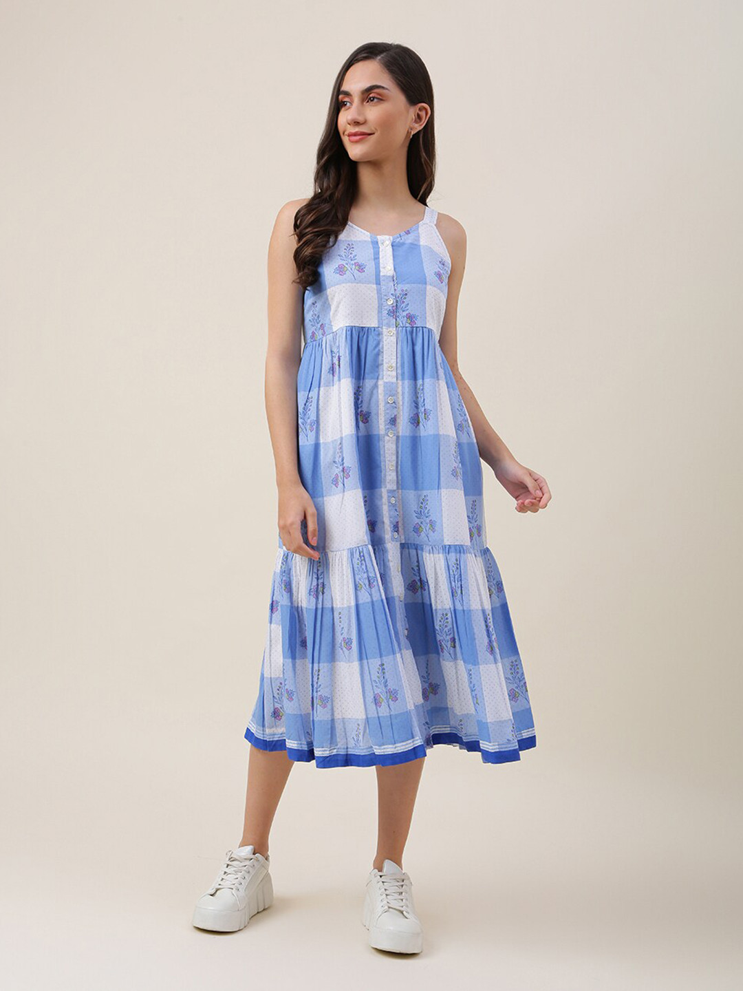 

Fabindia Blue Cotton Floral A-Line Midi Dress