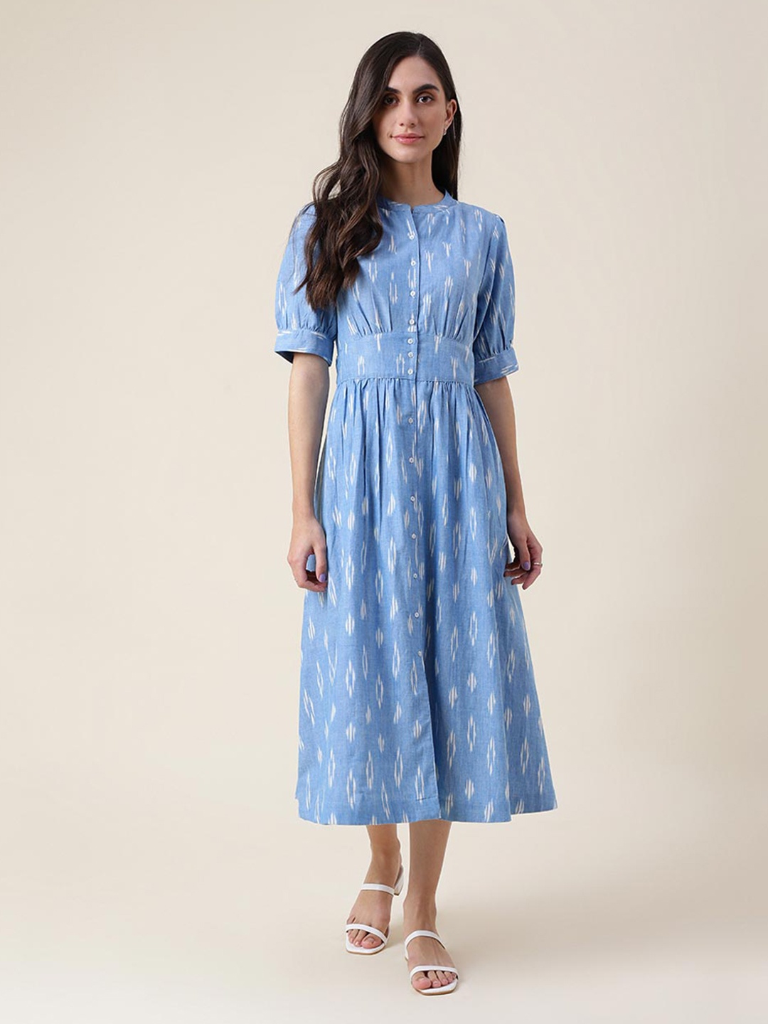 

Fabindia Blue Cotton Ethnic A-Line Midi Ethnic Dress