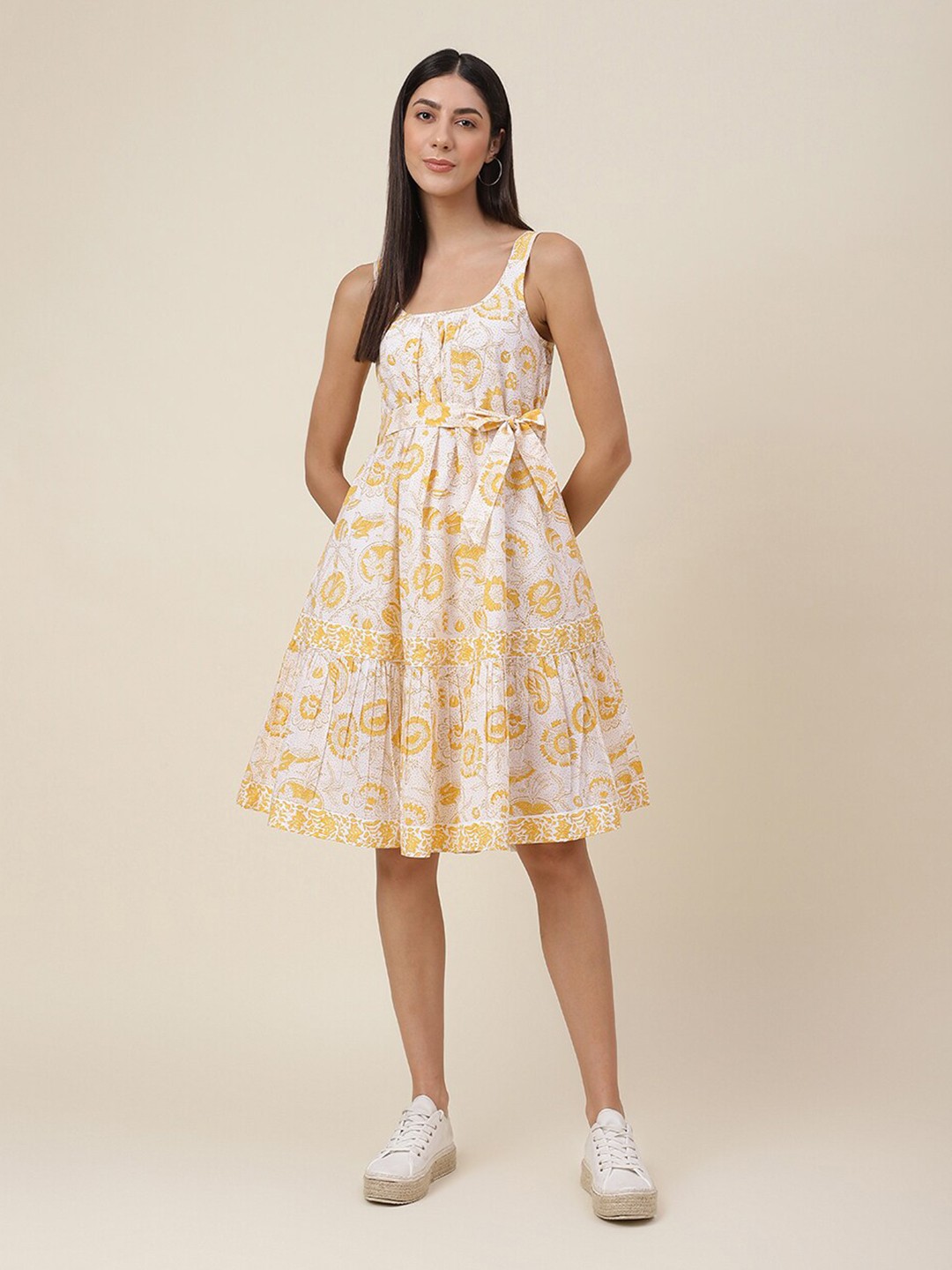 

Fabindia Yellow Cotton Floral Ethnic Dress