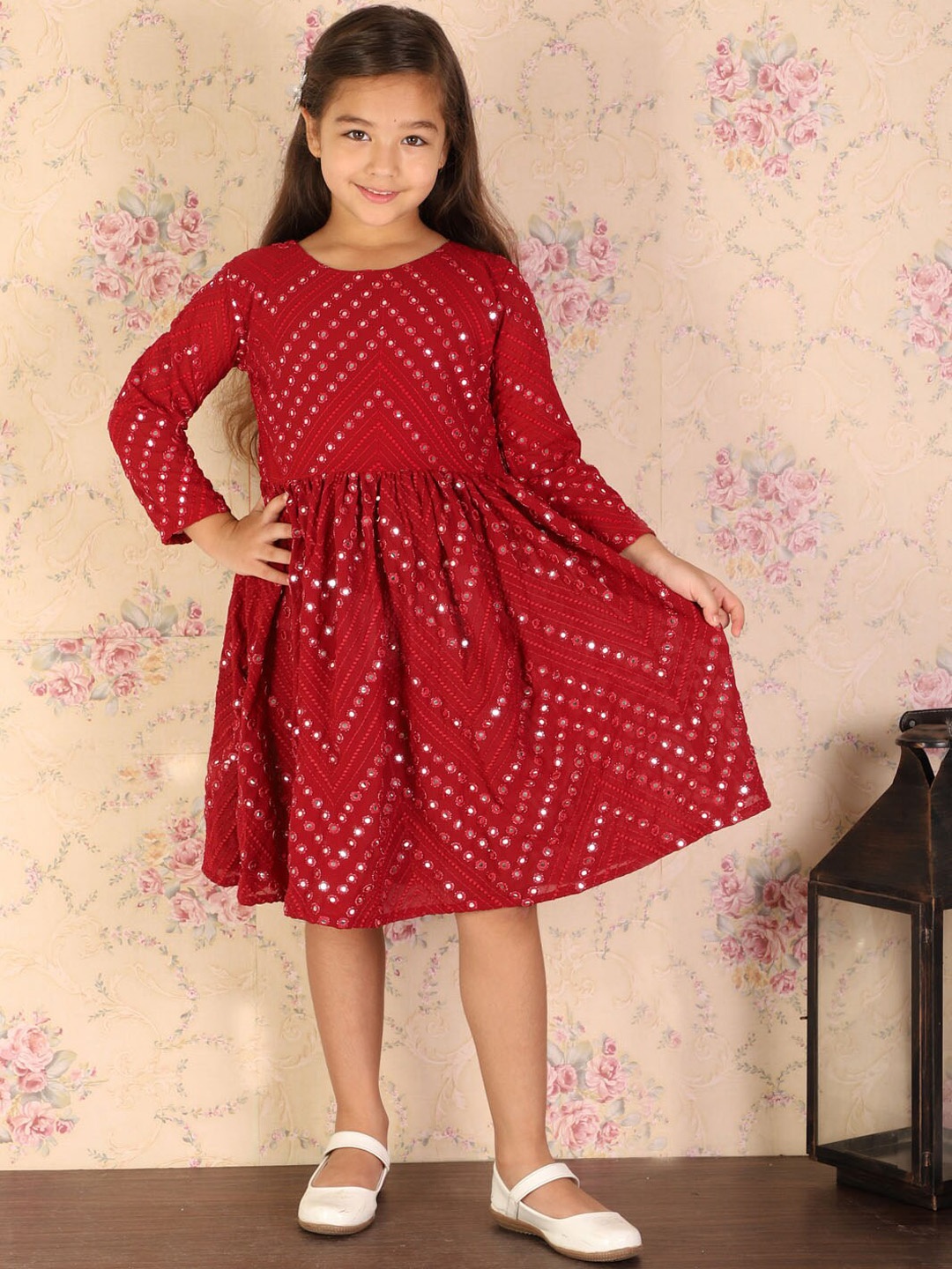 

VASTRAMAY Girls Mirror Work Ethnic Dresses, Maroon