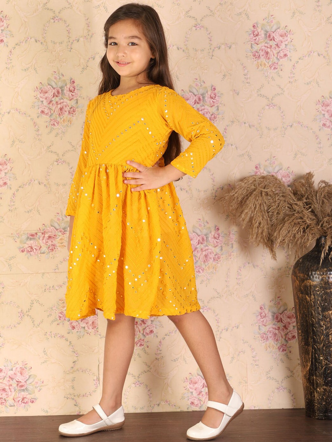 

VASTRAMAY Girls Mirror Work Ethnic Dresses, Yellow