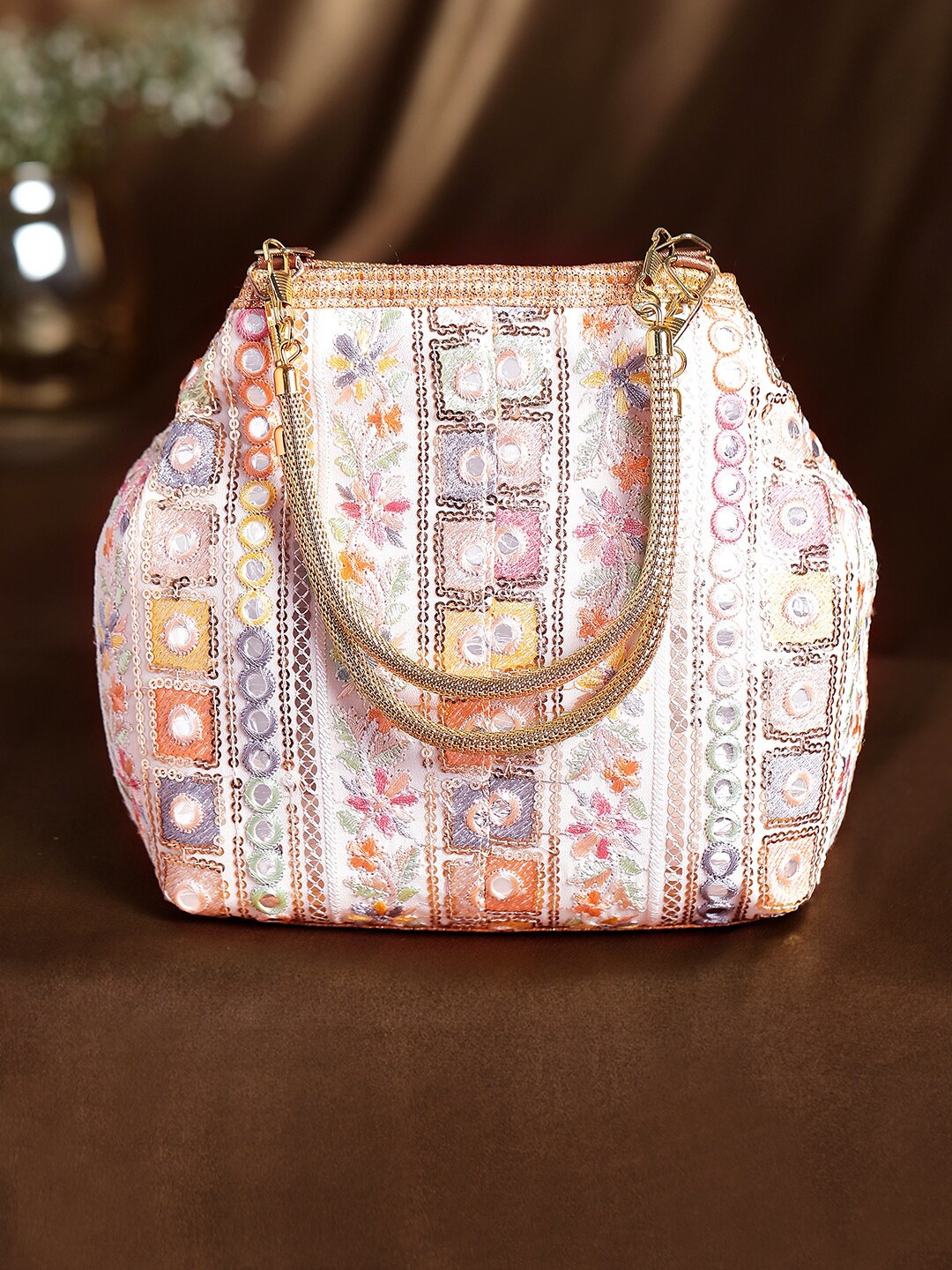 

Rubans Cream-Coloured & Green Embroidered Mirror Work Purse