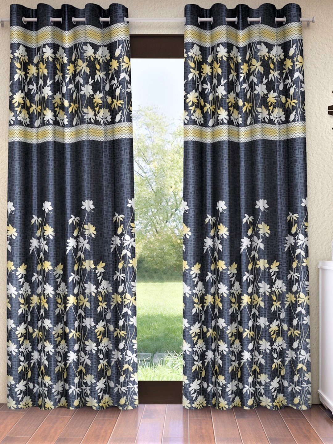 

Home Sizzler Navy Blue & White Set of 2 Floral Window Curtain