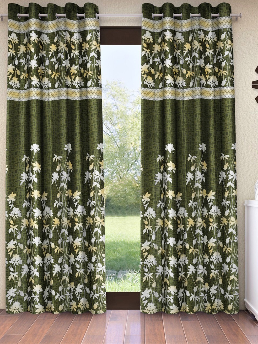 

Home Sizzler Olive Green & White Set of 2 Floral Window Curtain