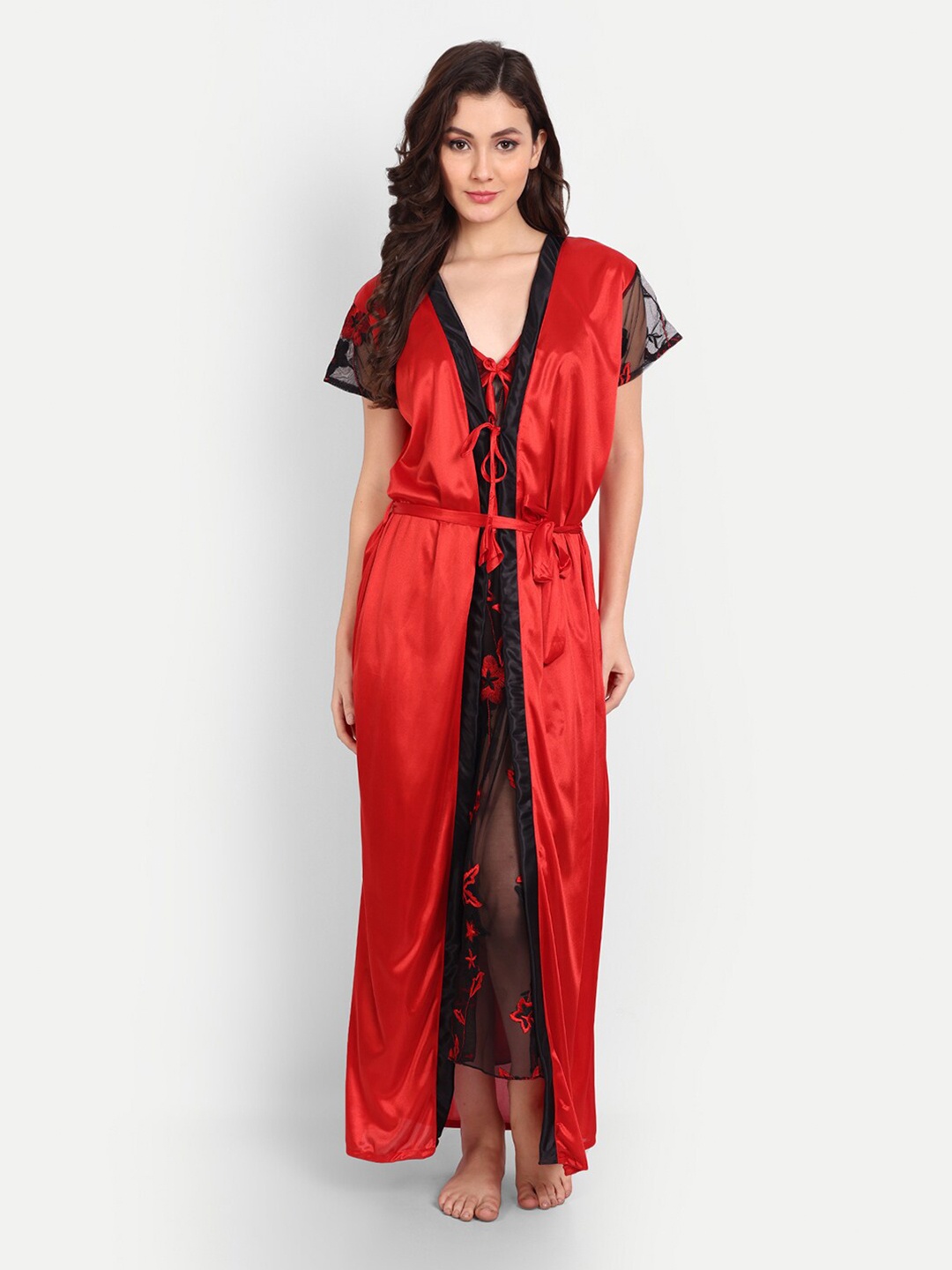 

FIMS Embroidered Satin Maxi Nightdress With Robe & Thong Panty, Red