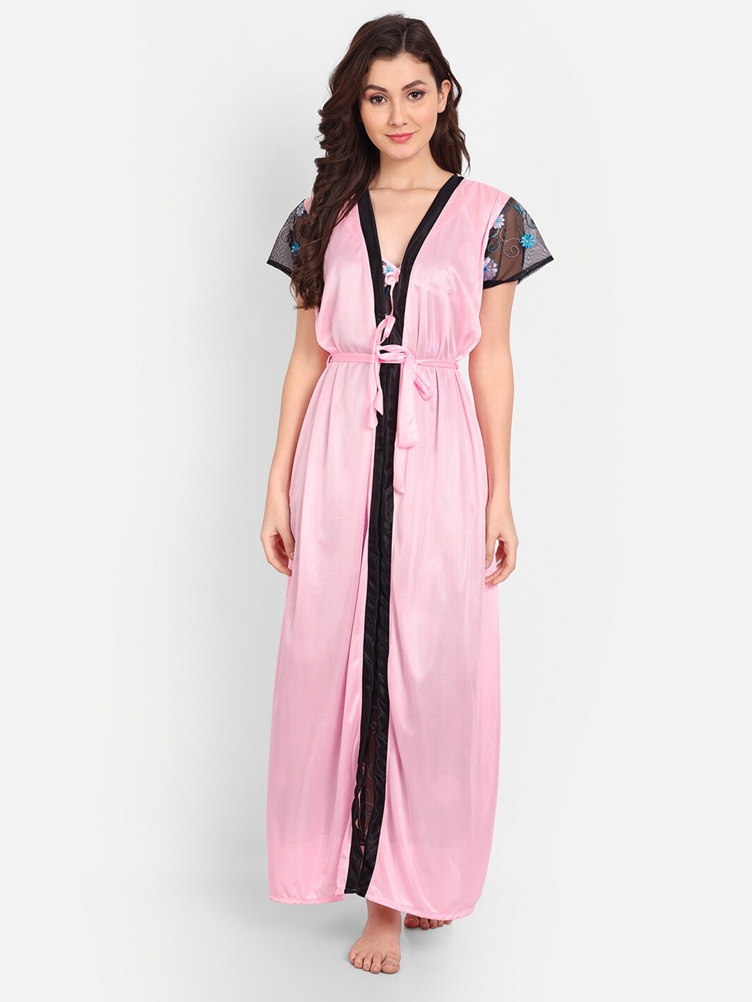 

FIMS Floral Embroidered Satin Maxi Nightdress With Robe & Thong Panty, Pink