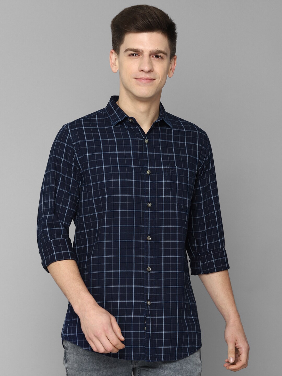 

Allen Solly Men Grid Tattersall Checked Slim Fit Casual Cotton Shirt, Navy blue