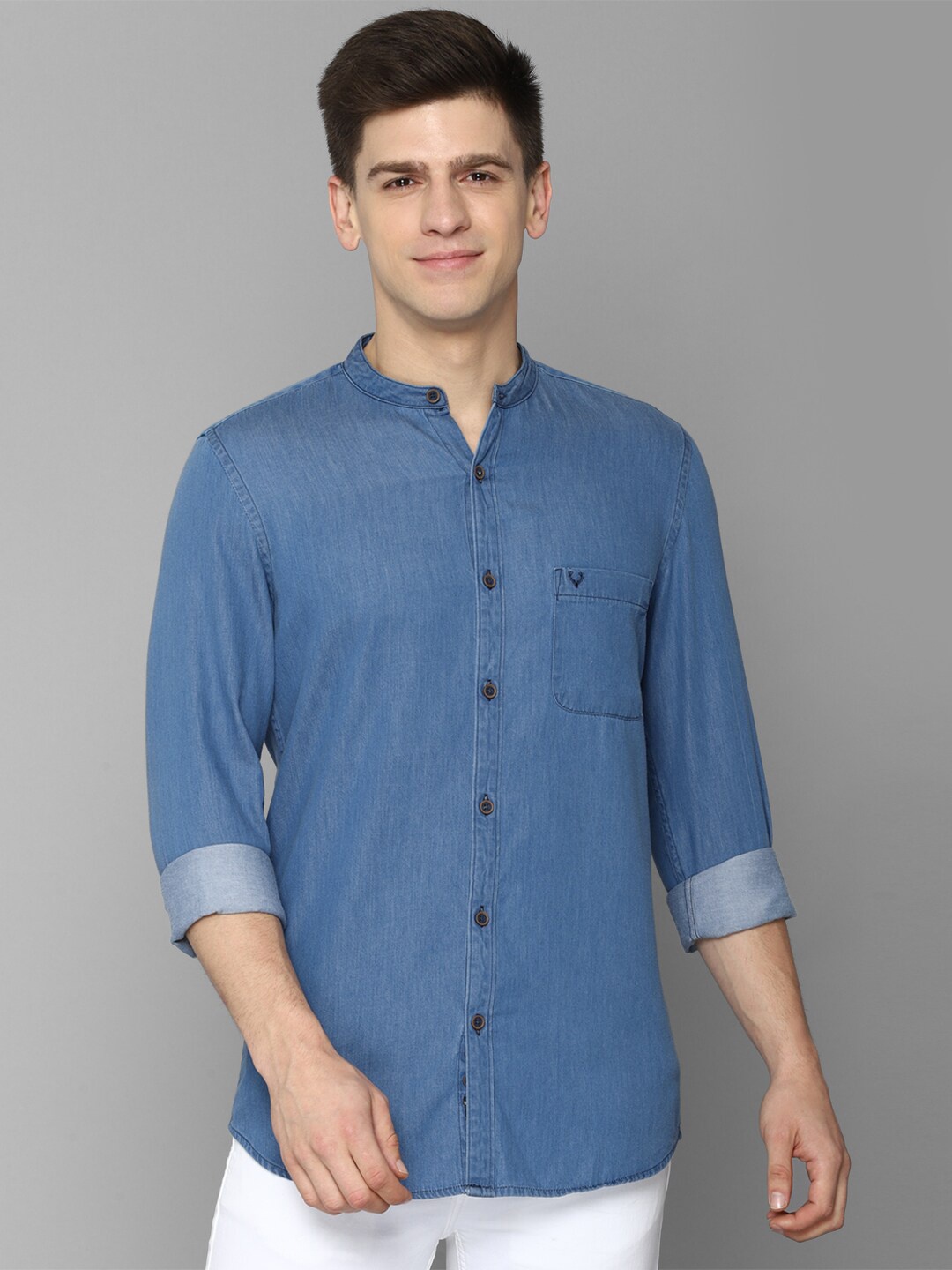 

Allen Solly Men Slim Fit Mandarin Collar Casual Cotton Shirt, Blue