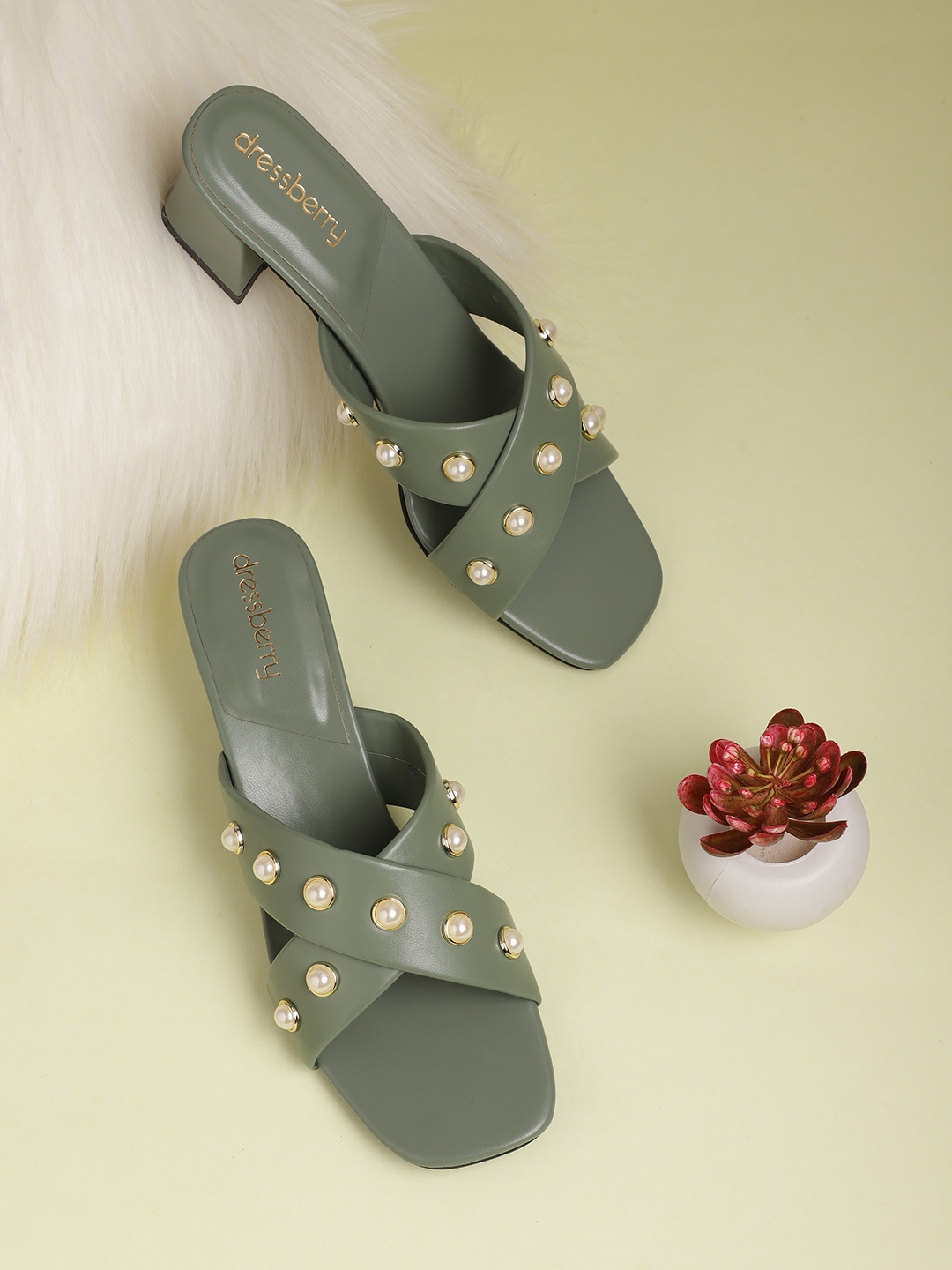 

DressBerry Women Embellished Block Heel Sandals, Olive