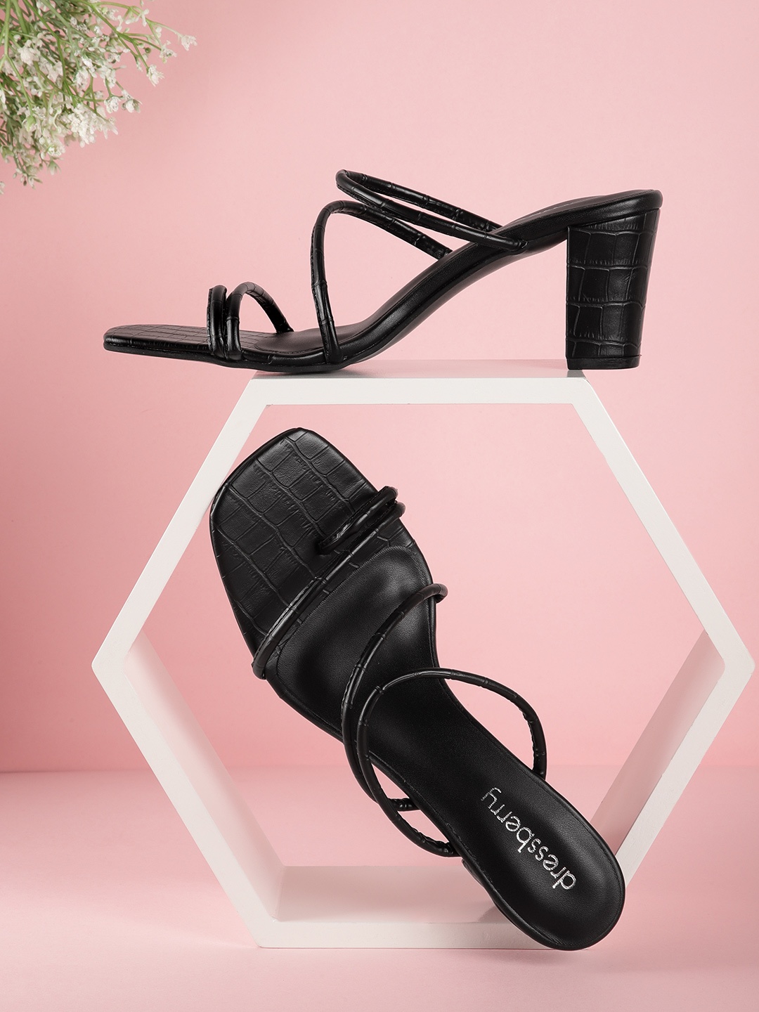 

DressBerry Croc Textured Block Sandals, Black