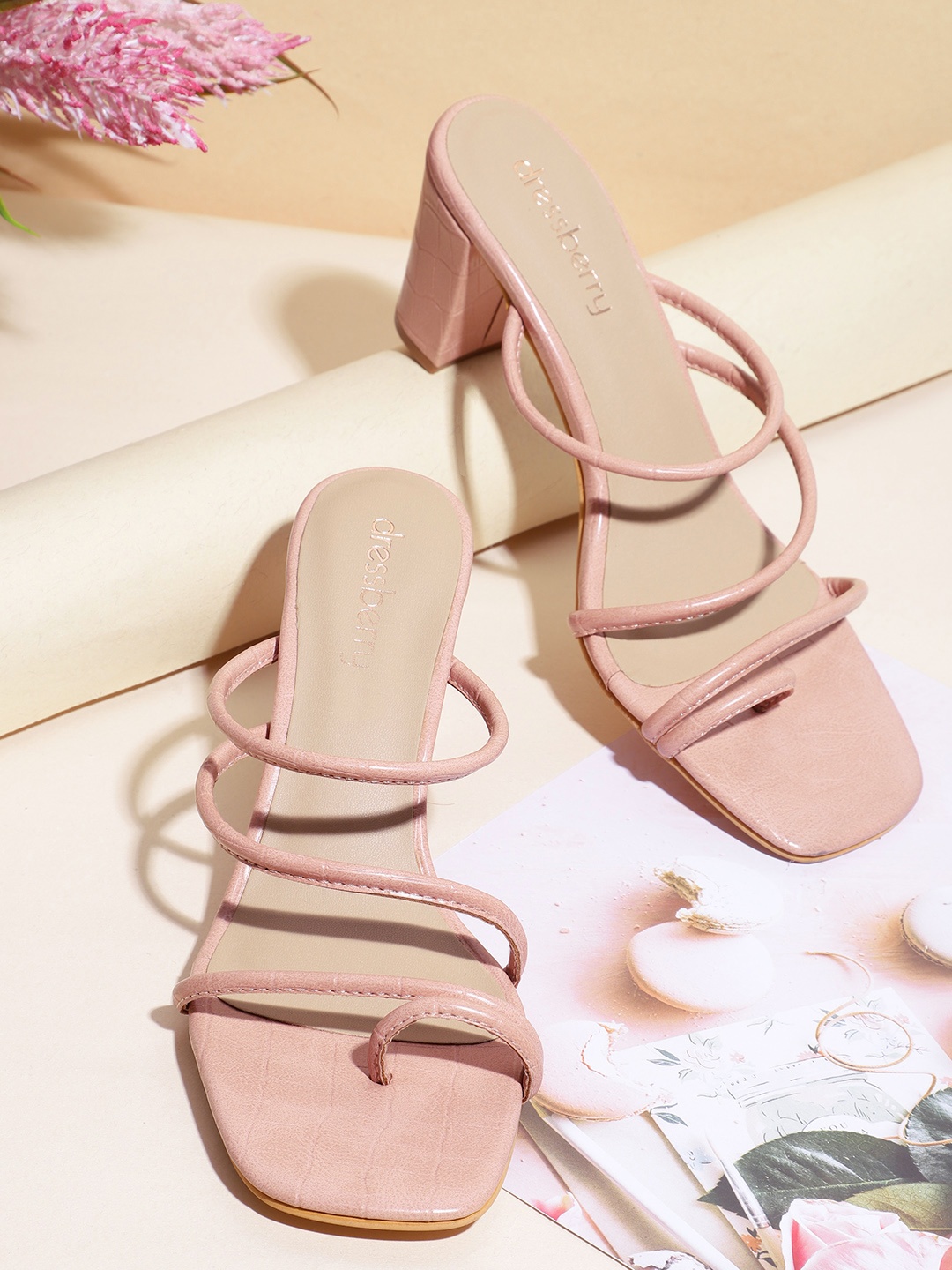 

DressBerry Women Croc Textured Block Heels, Pink