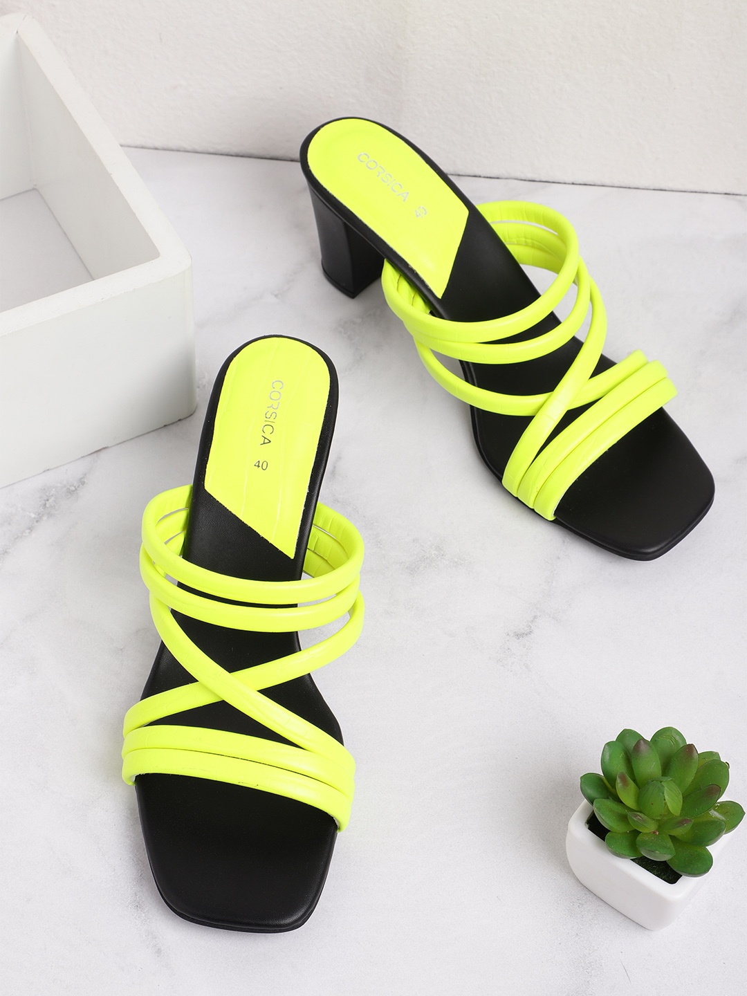 

CORSICA Women Strappy Block Heels, Fluorescent green