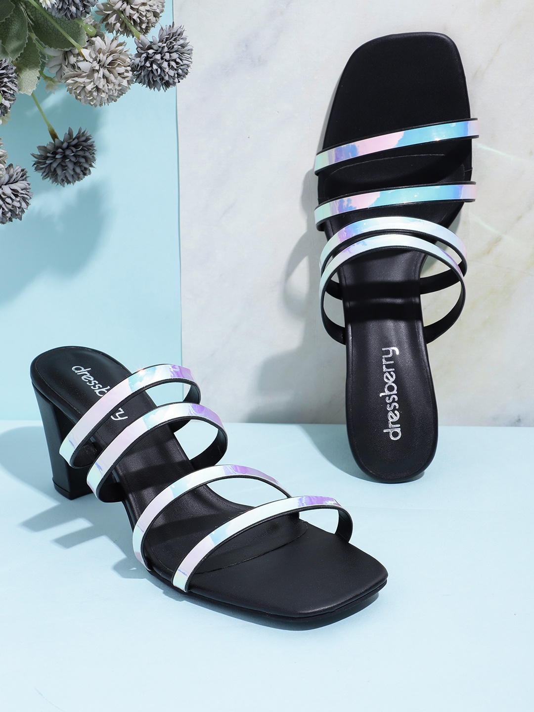 

DressBerry Women Block Heel Sandals With Iridescent Effect, Black