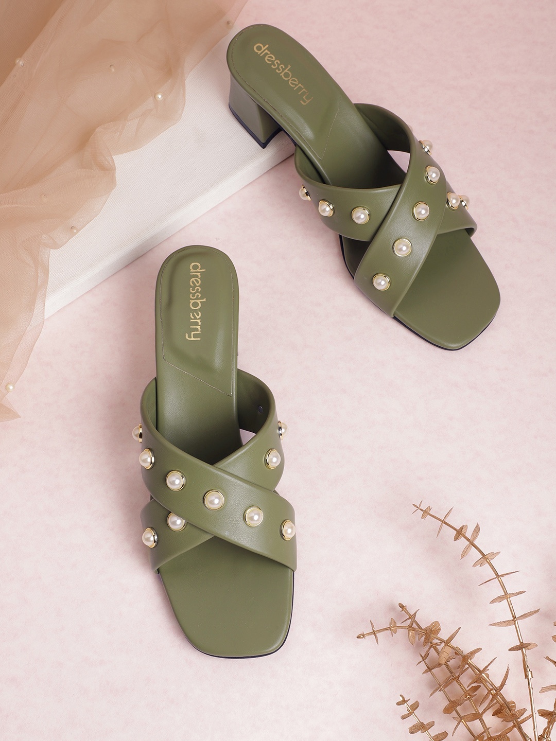 

DressBerry Embellished Block Heels, Olive
