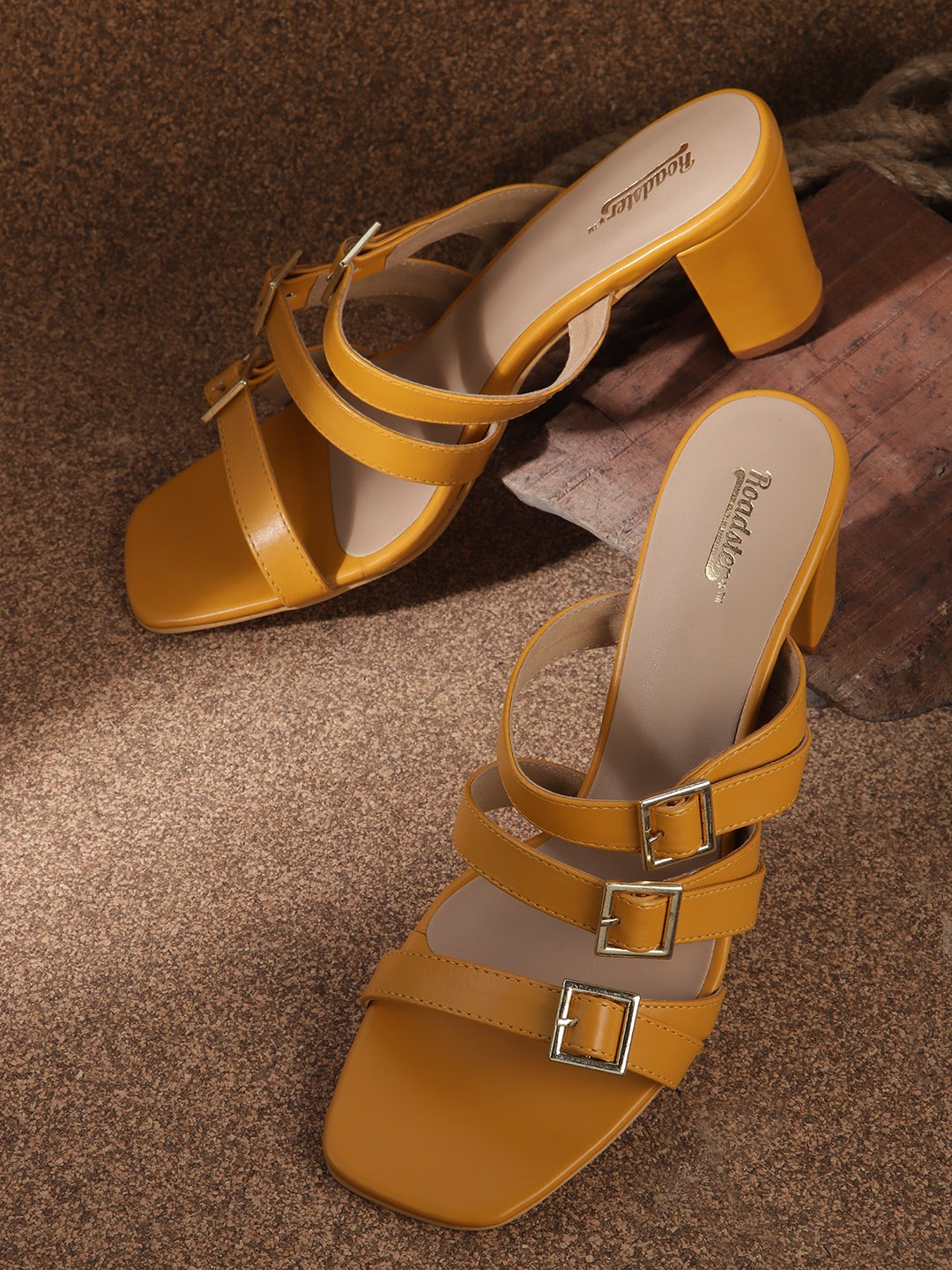 

Roadster Women Strappy Block Heels with Buckles, Mustard