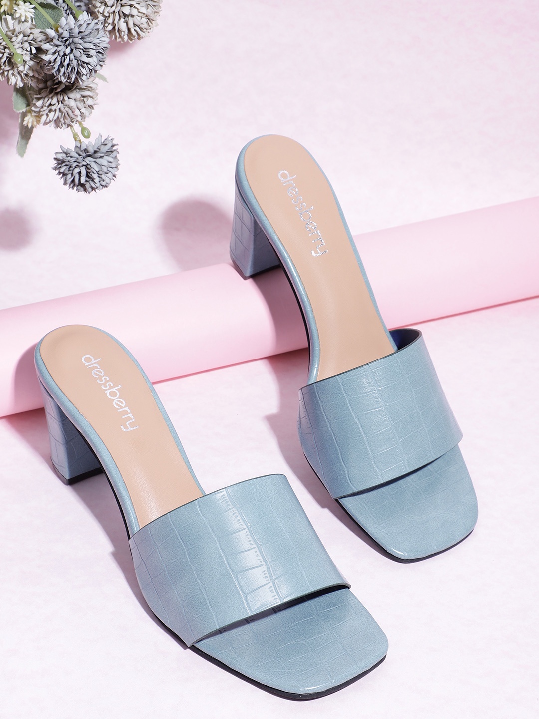 

DressBerry Women Croc Textured Block Heel Sandals, Blue