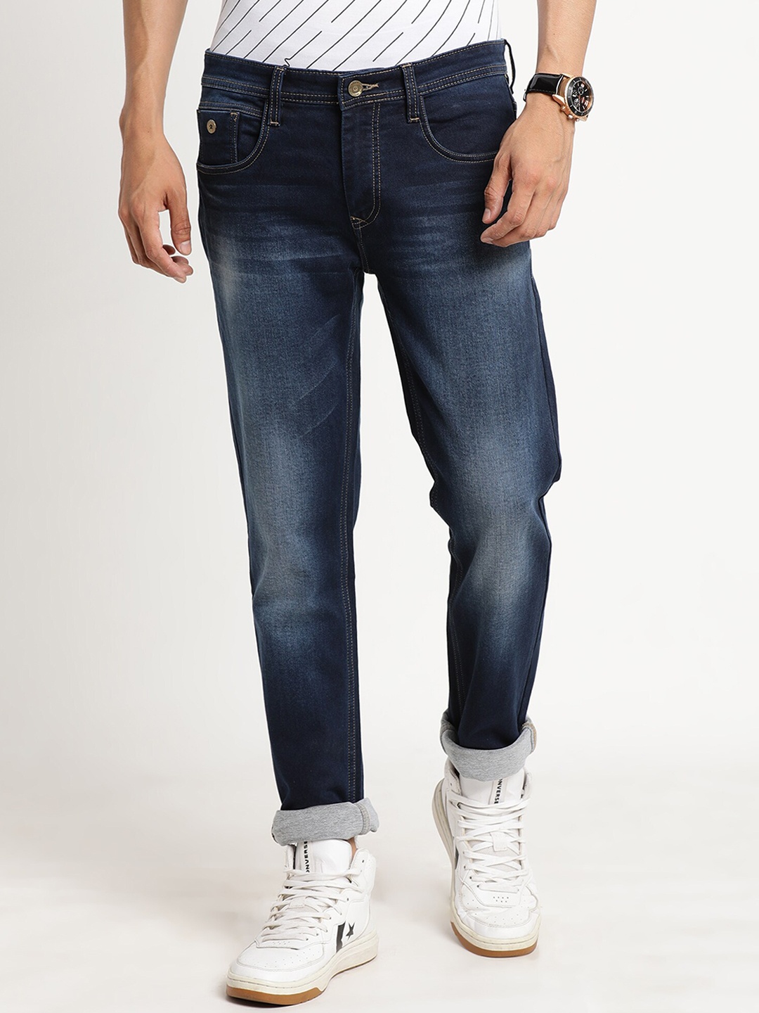 

Turtle Men Narrow Tapered Fit Heavy Fade Stretchable Jeans, Navy blue